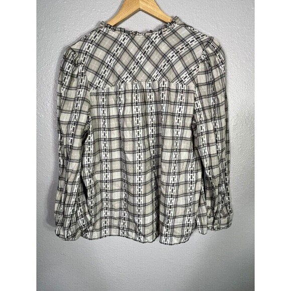 Ann Taylor Loft Plaid Blouse Top Large L Tie Neck Boho - Picture 2 of 6